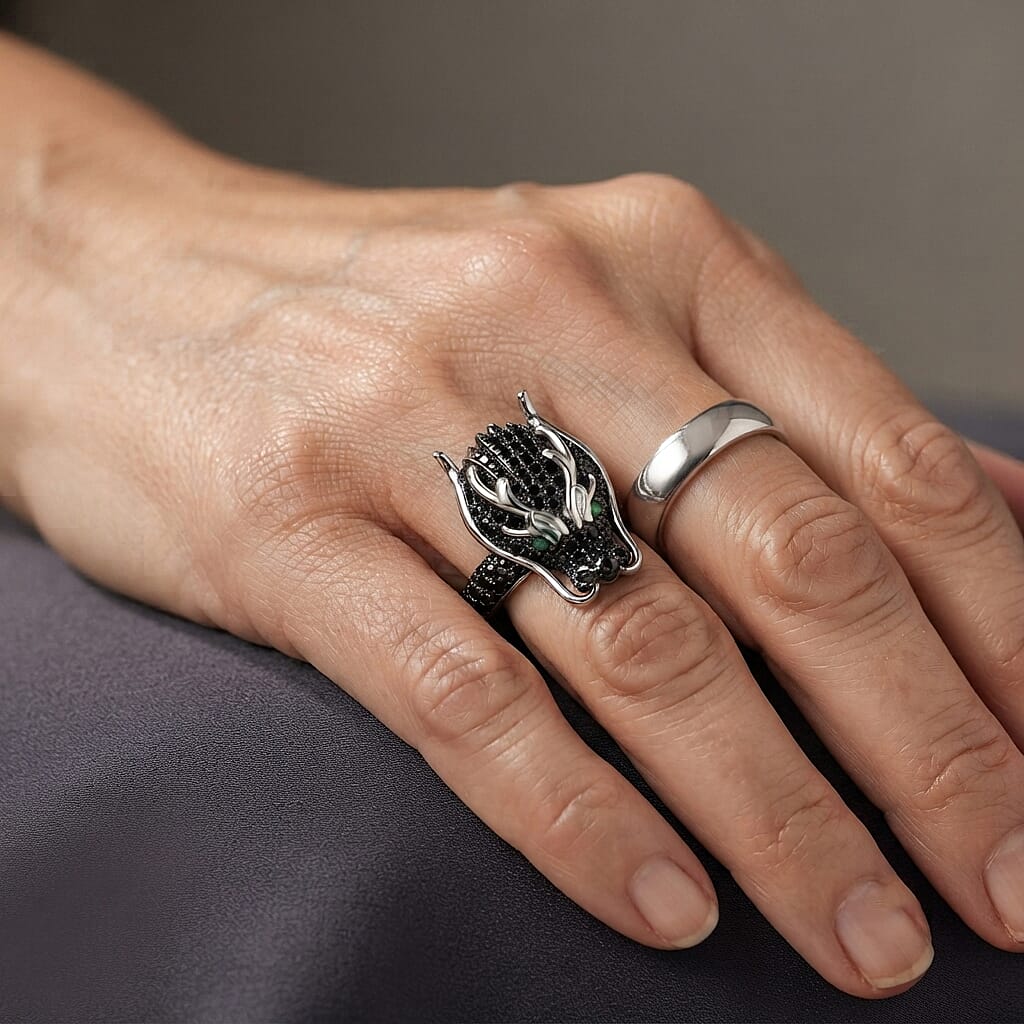 EverTrue Thai Black Spinel and Simulated Green Diamond 1.50 ctw Stag Ring in Dualtone (Size 8.0)
