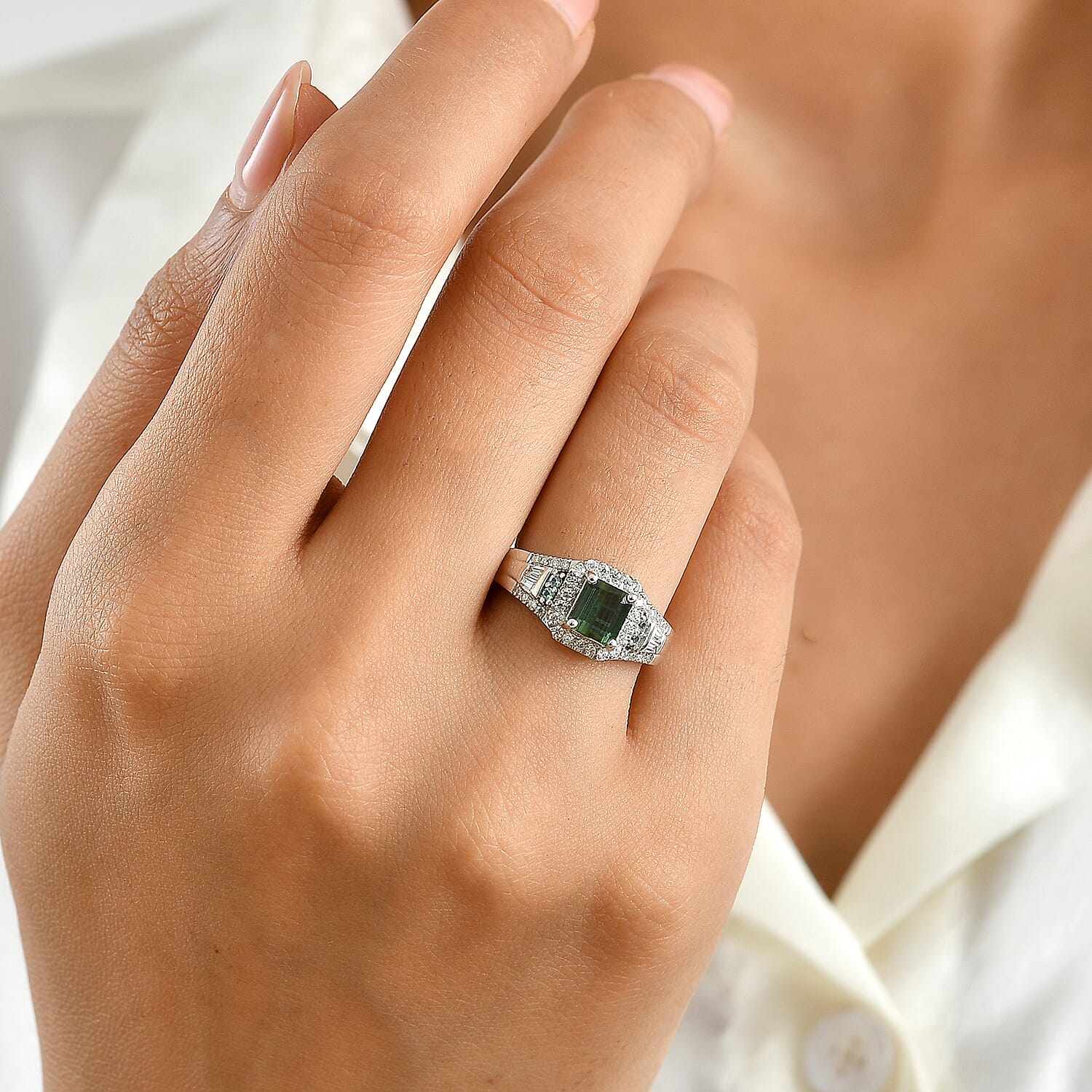 D'Joy Premium Mint Tourmaline, AAA Paraiba Tourmaline and Moissanite 1.40 ctw Ring in Rhodium Over Sterling Silver (Size 6.0)