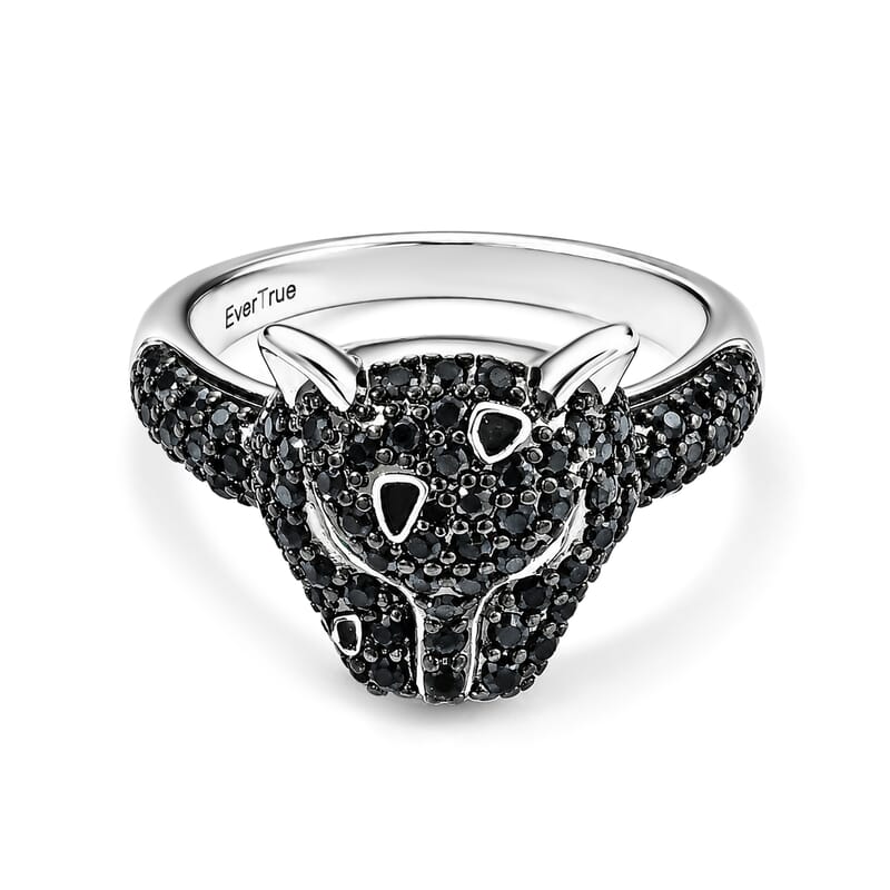 EverTrue Thai Black Spinel, Simulated Green Diamond 1.50 ctw Panther's Gaze Ring in Silvertone (Size 7.0)