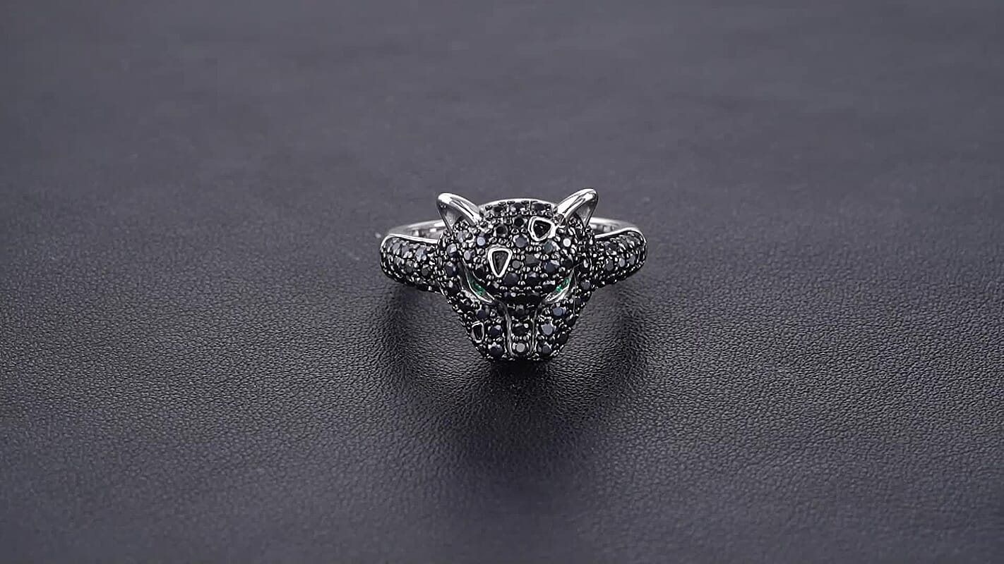 EverTrue Thai Black Spinel, Simulated Green Diamond 1.50 ctw Leopard Ring in in Dualtone (Size 10.0)