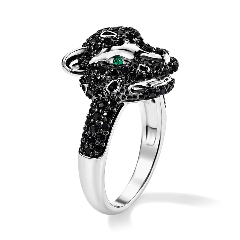 EverTrue Thai Black Spinel, Simulated Green Diamond 1.50 ctw Panther's Gaze Ring in Silvertone (Size 7.0)