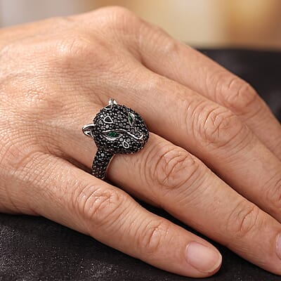 EverTrue Thai Black Spinel and Simulated Green Diamond 1.50 ctw Leopard Ring in Dualtone (Size 8.0)