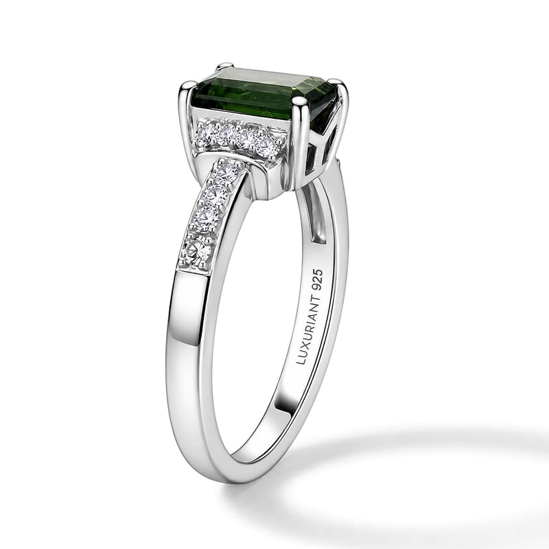 AAA Mint Tourmaline, Luxuriant Lab Grown Diamond (G-H, SI) (0.27 cts) Ring in Rhodium Over Sterling Silver (Size 5.0) 1.50 ctw