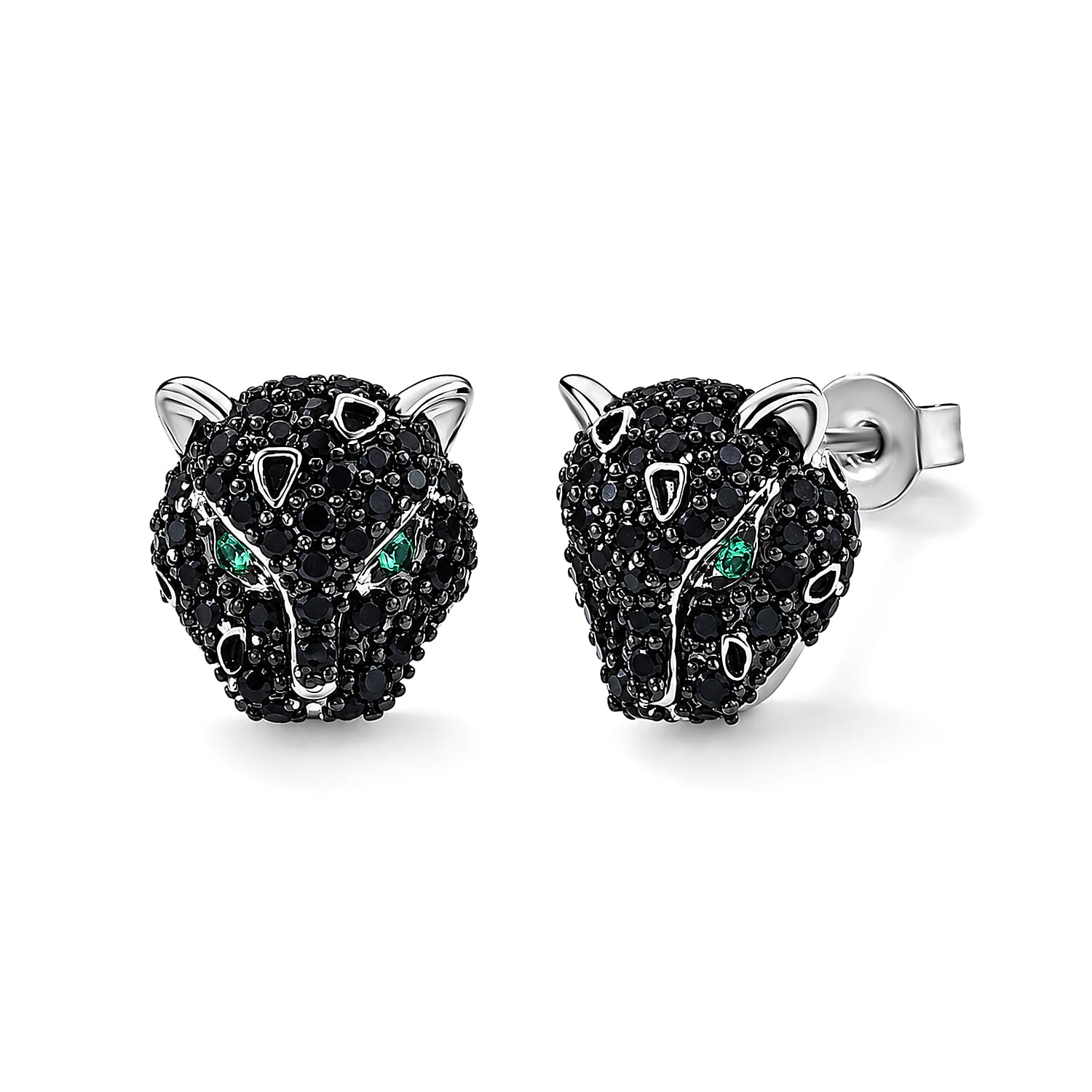 EverTrue Thai Black Spinel and Simulated Green Diamond 1.30 ctw Leopard Earrings in Silvertone