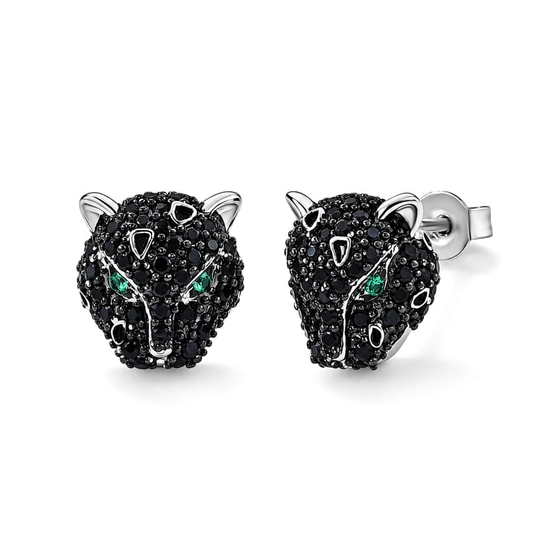 EverTrue Thai Black Spinel and Simulated Green Diamond 1.30 ctw Leopard Earrings in Silvertone