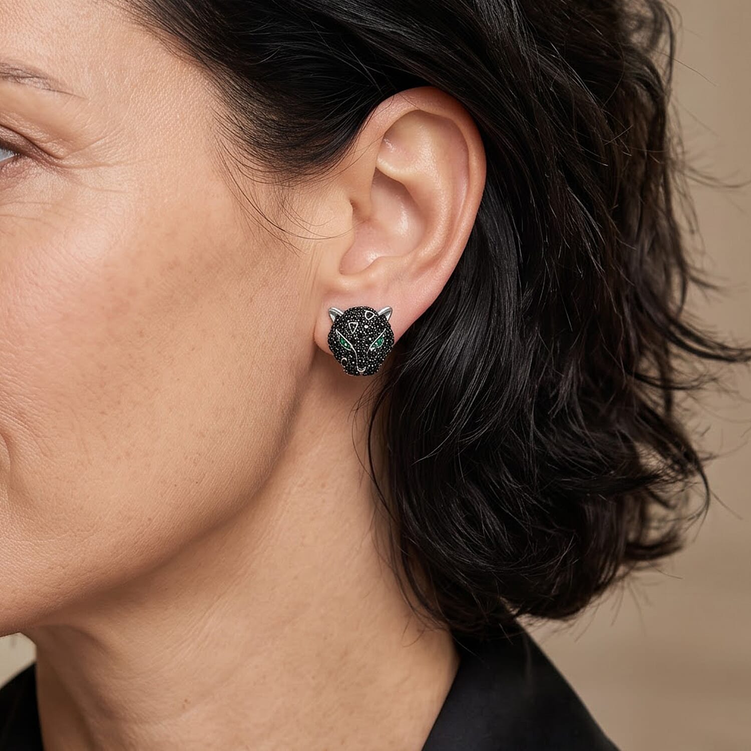 EverTrue Thai Black Spinel and Simulated Green Diamond 1.30 ctw Leopard Earrings in Silvertone