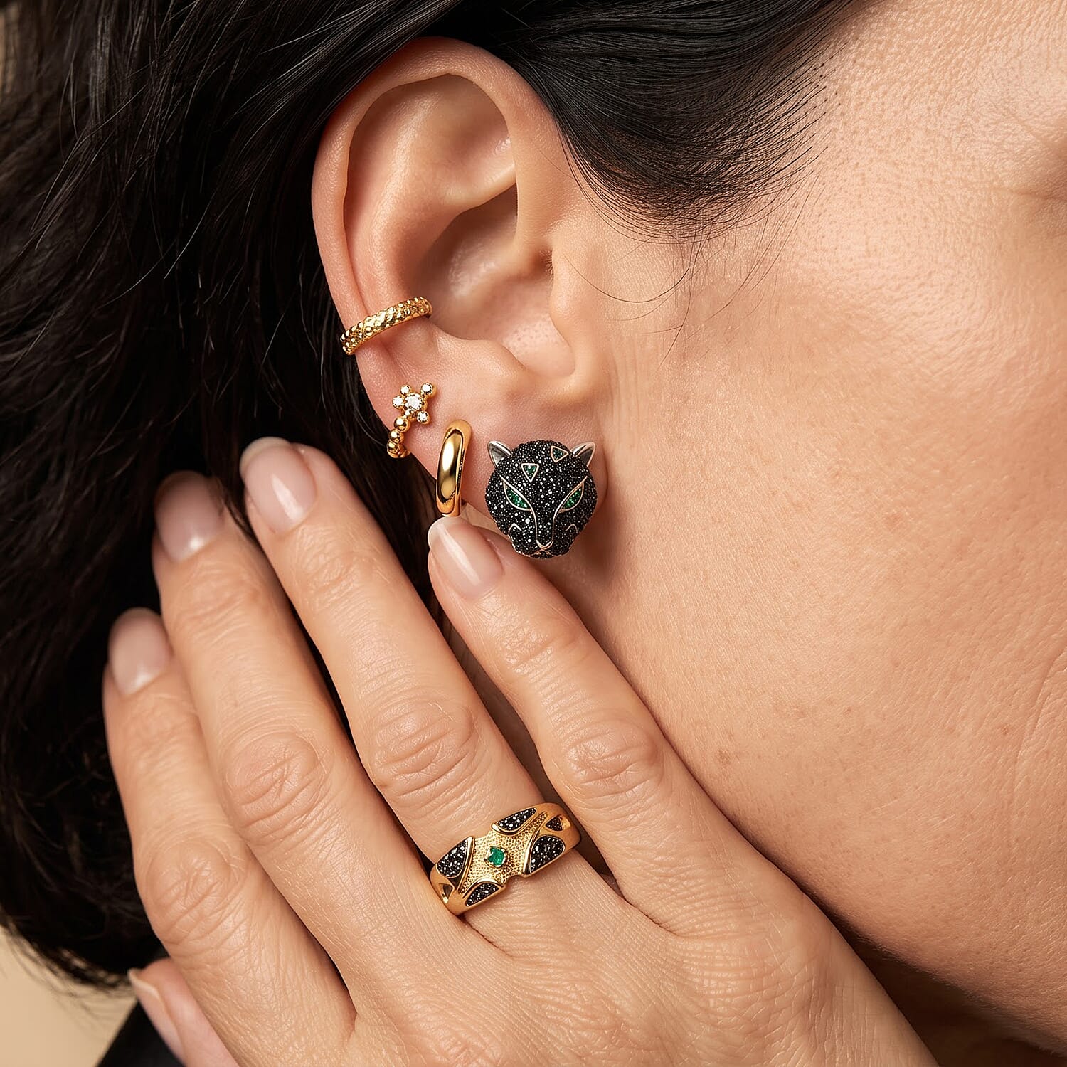 EverTrue Thai Black Spinel and Simulated Green Diamond 1.30 ctw Leopard Earrings in Silvertone