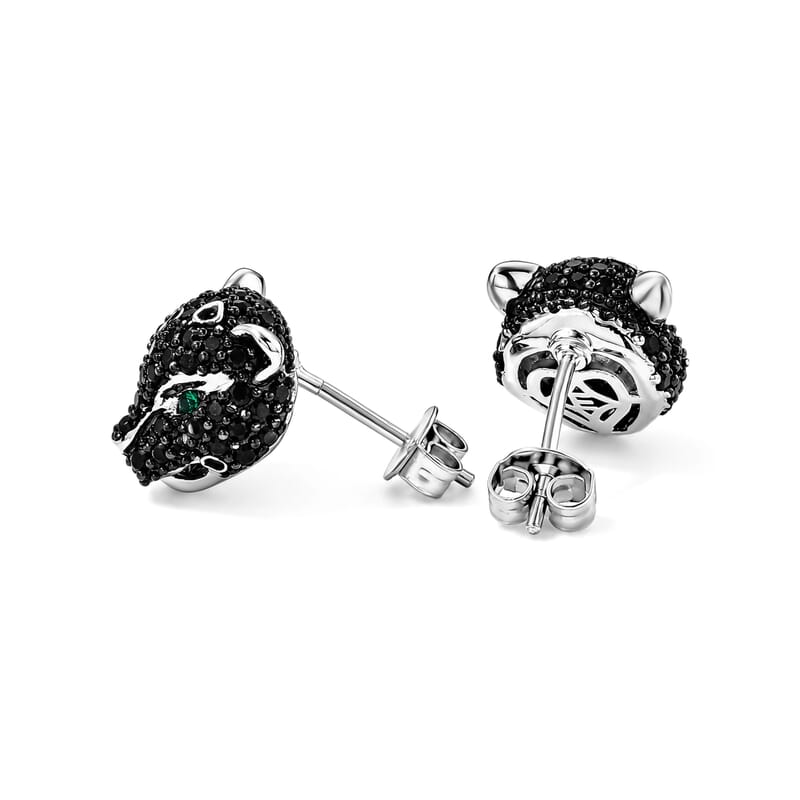 EverTrue Thai Black Spinel and Simulated Green Diamond 1.30 ctw Leopard Earrings in Silvertone