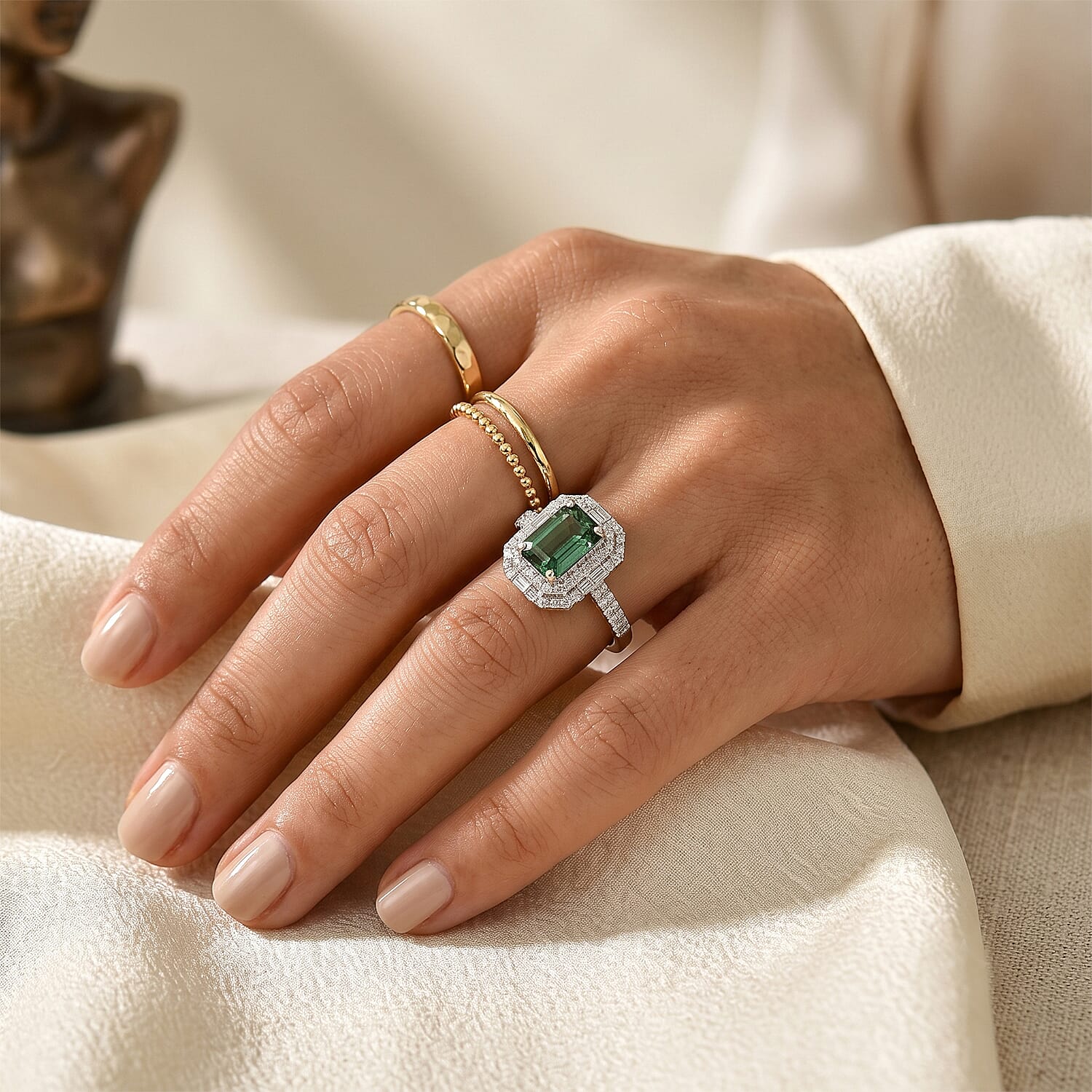 Luxoro AAA Arquiana Mint Tourmaline and Diamond I2 3.80 ctw Halo Majesty Ring in 14K White Gold (Size 6.0)