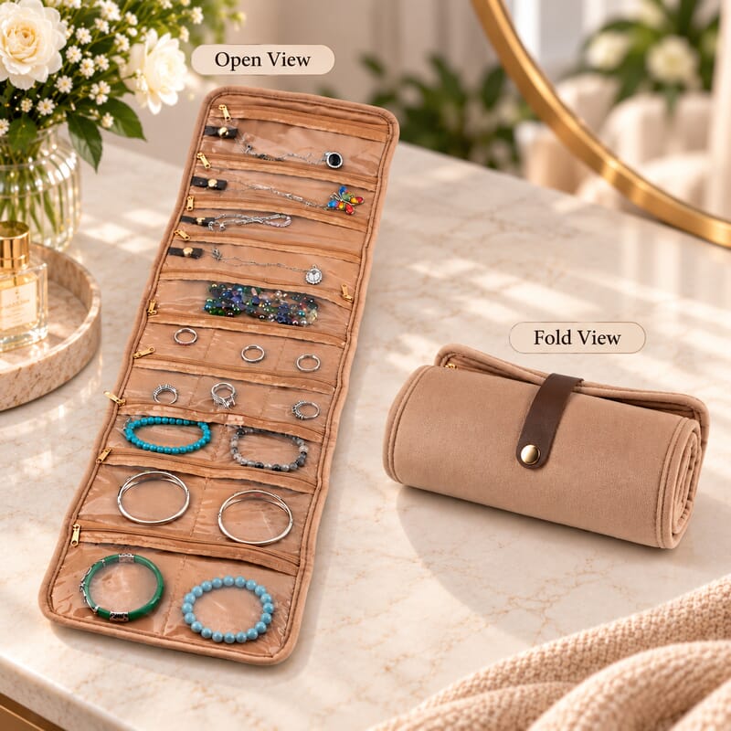 Livmore Brown Jewelry Travel Roll Organizer