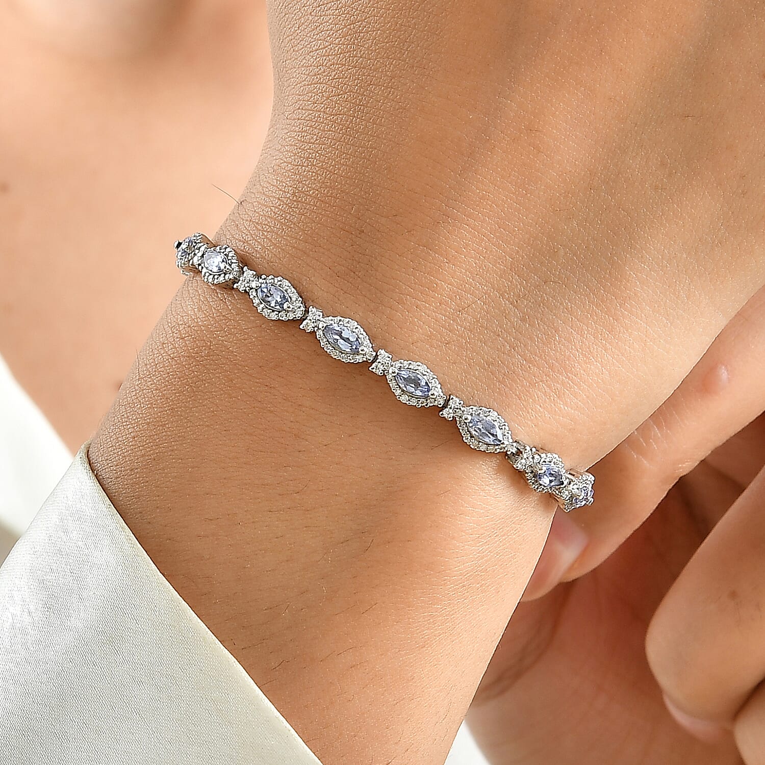 D'Joy Premium Tanzanite and Moissanite 3.70 ctw Bracelet in Rhodium Over Sterling Silver (6.50 In)