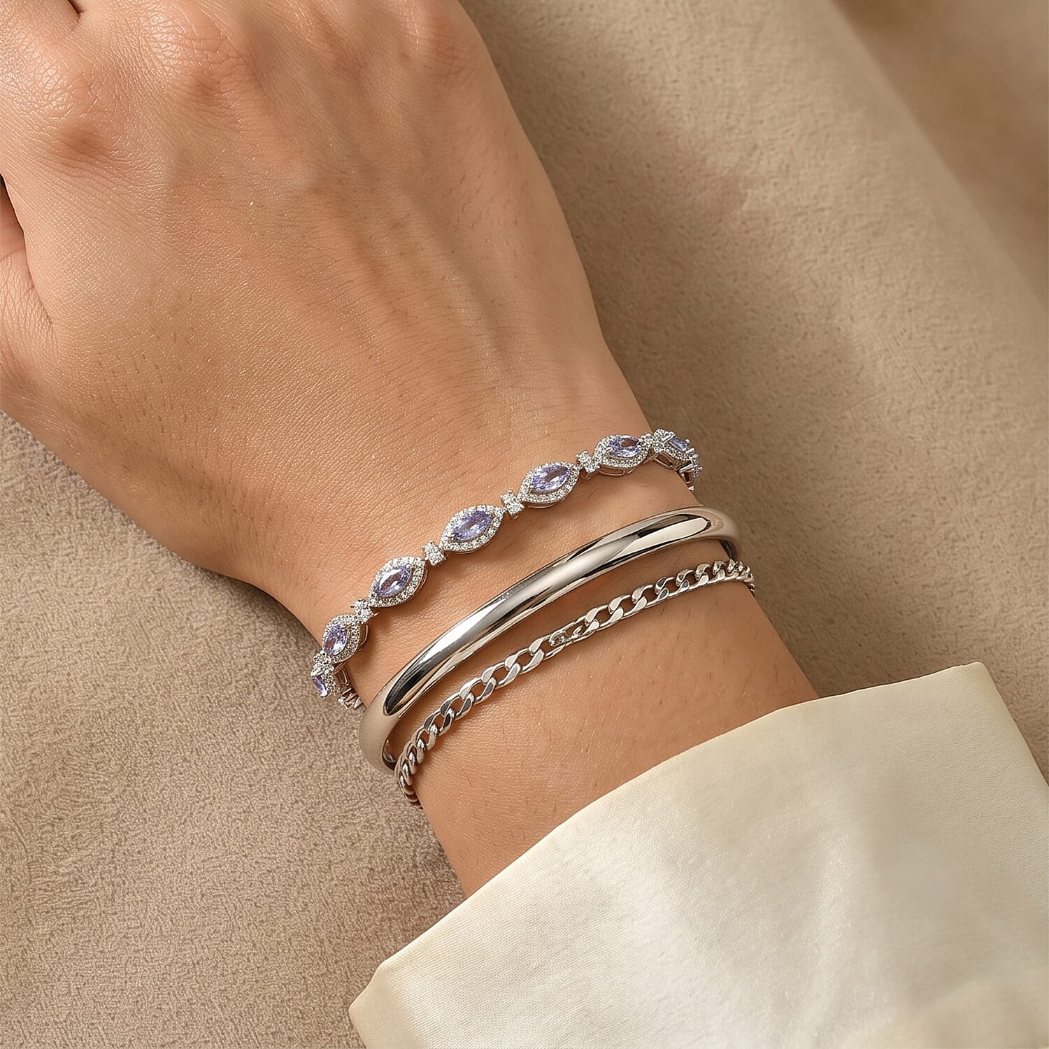 D'Joy Premium Tanzanite and Moissanite 3.70 ctw Bracelet in Rhodium Over Sterling Silver (6.50 In)