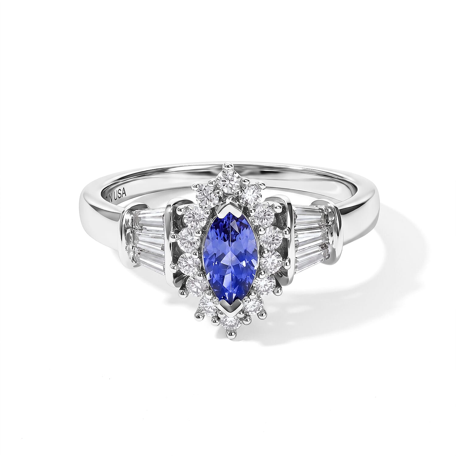 D'Joy Tanzanite and Moissanite 0.80 ctw Fancy Ring in Rhodium Over Sterling Silver (Size 5.0)