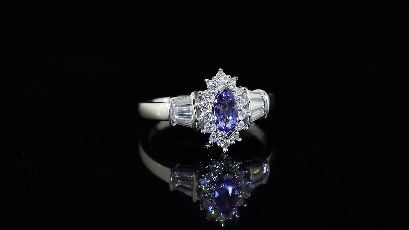 D''Joy Tanzanite and Moissanite 0.80 ctw Fancy Ring in Rhodium Over Sterling Silver (Size 10.0)
