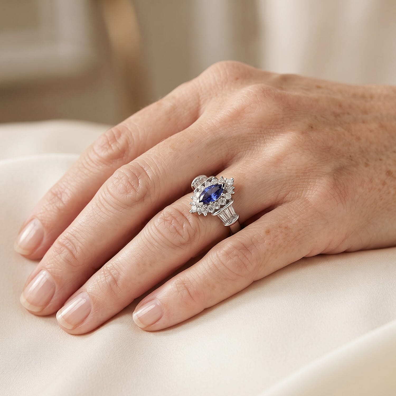 D'Joy Tanzanite and Moissanite 0.80 ctw Fancy Ring in Rhodium Over Sterling Silver (Size 5.0)