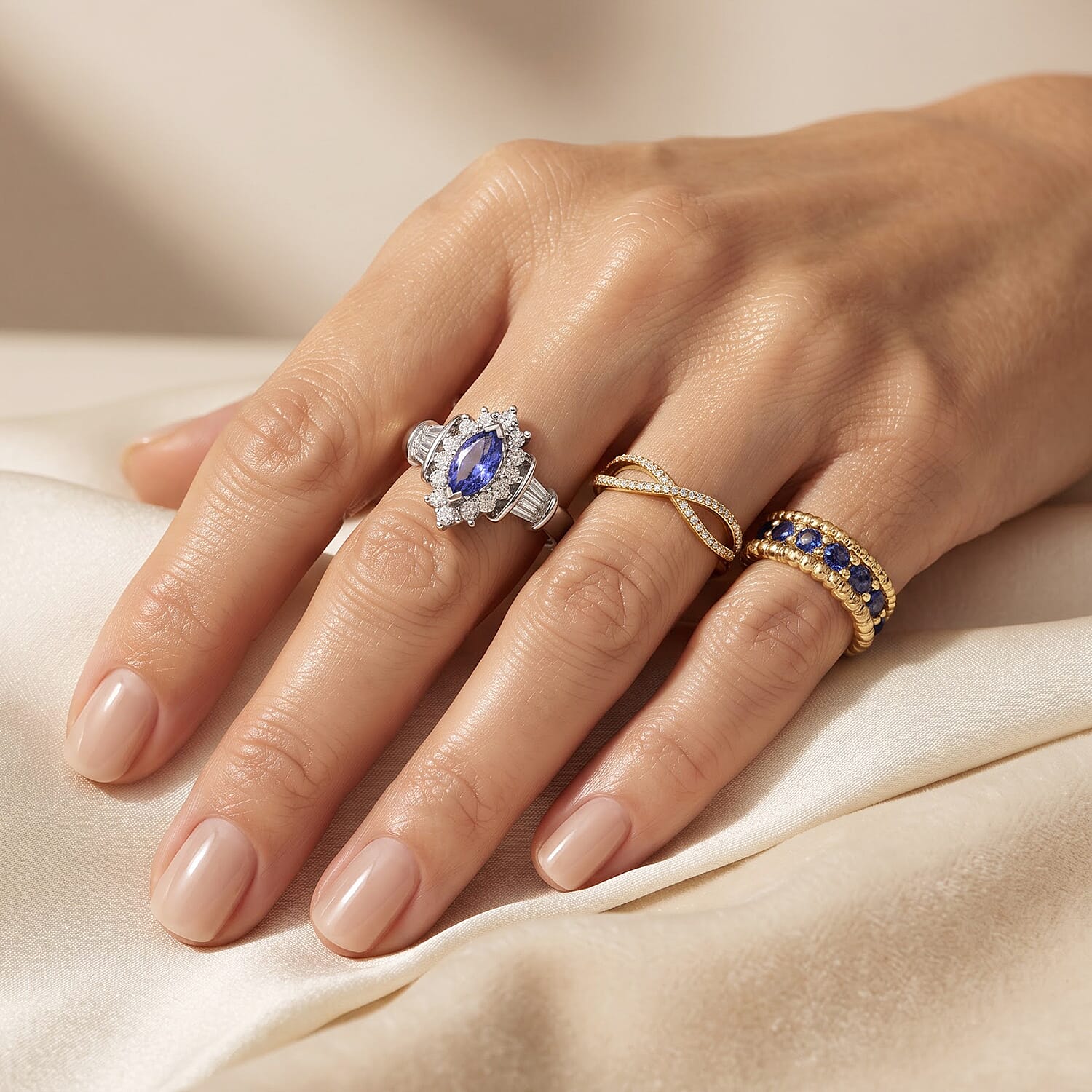 D'Joy Tanzanite and Moissanite 0.80 ctw Fancy Ring in Rhodium Over Sterling Silver (Size 5.0)