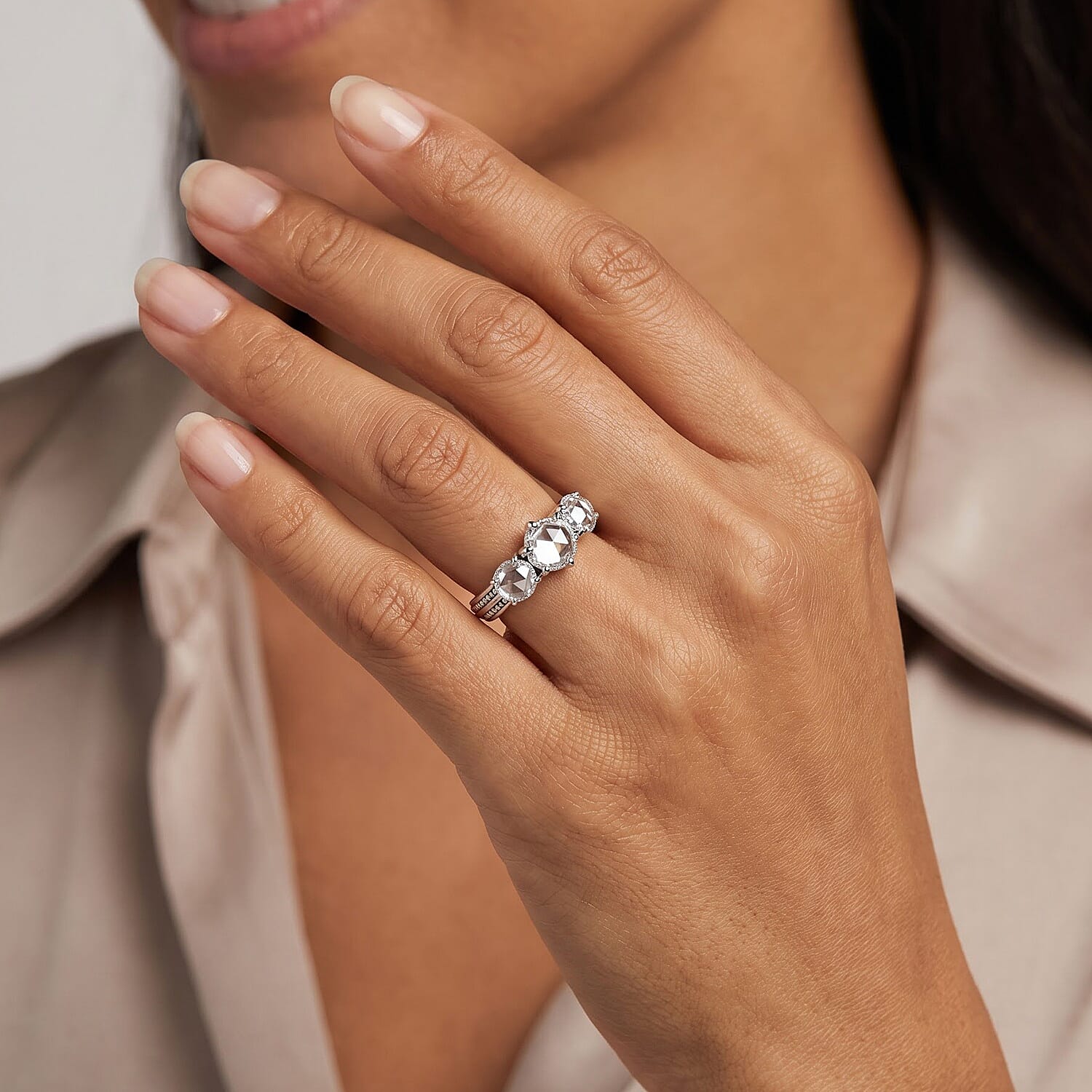 EverTrue Simulated Diamond 3 Stone Ring in Stainless Steel (Size 5.0)