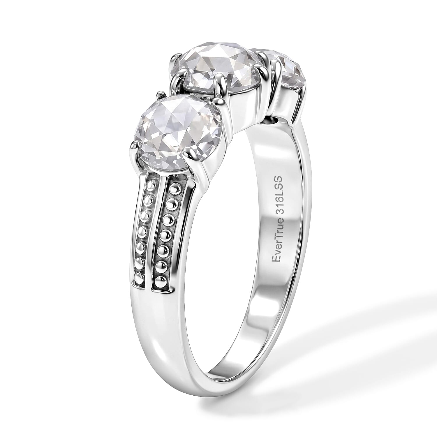 EverTrue Simulated Diamond 3 Stone Ring in Stainless Steel (Size 5.0)