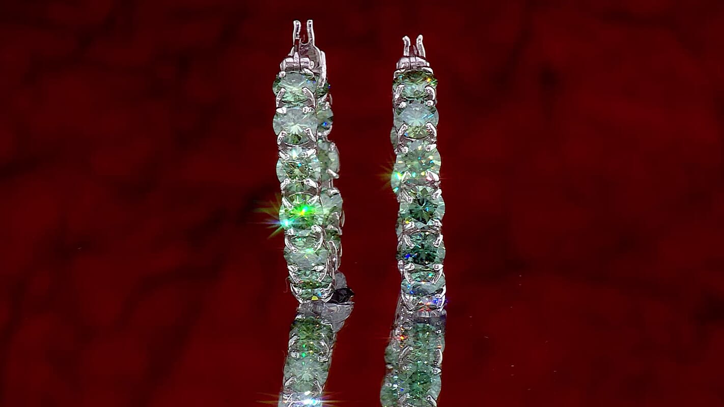 D''Joy Green Moissanite 11.00 ctw Hoop Earrings in Rhodium Over Sterling Silver