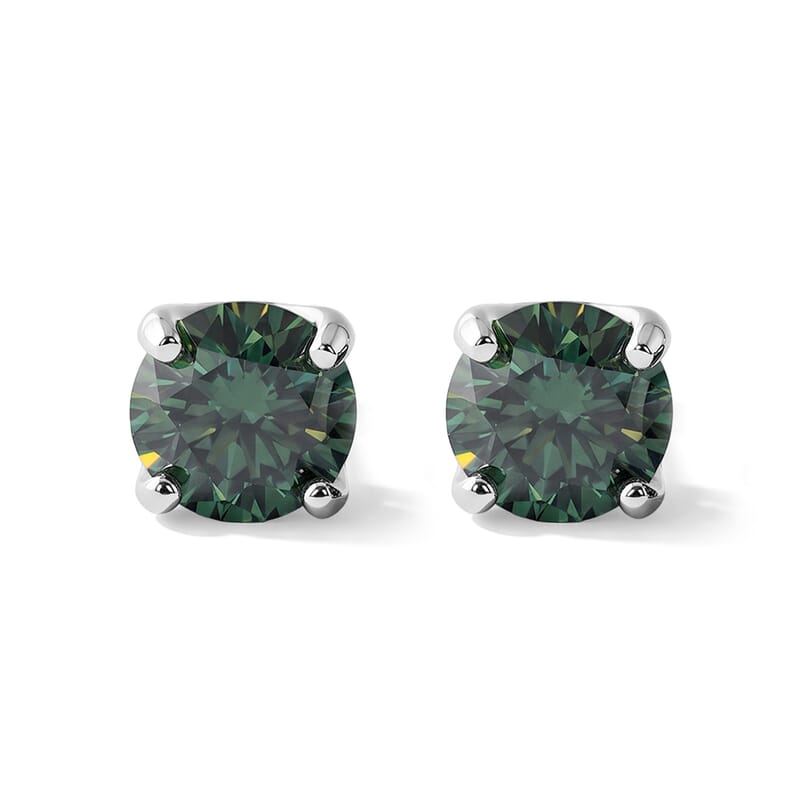 D'Joy Green Moissanite 2.00 ctw Verdant Solitaire Stud Earrings in Rhodium Over Sterling Silver