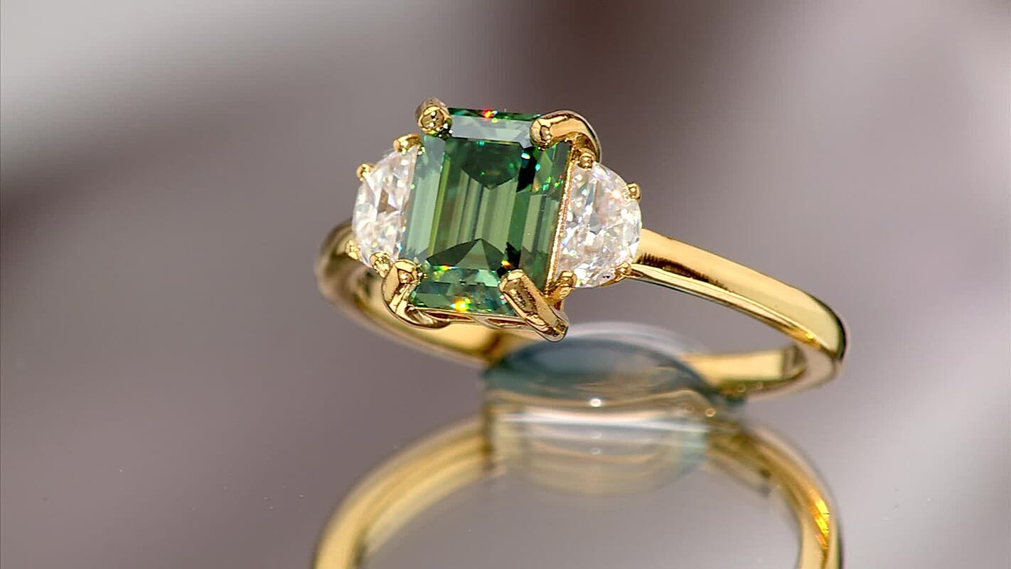 D''Joy Green and White Moissanite 2.10 ctw Ring in 18K Vermeil YG Over Sterling Silver (Size 10.0)