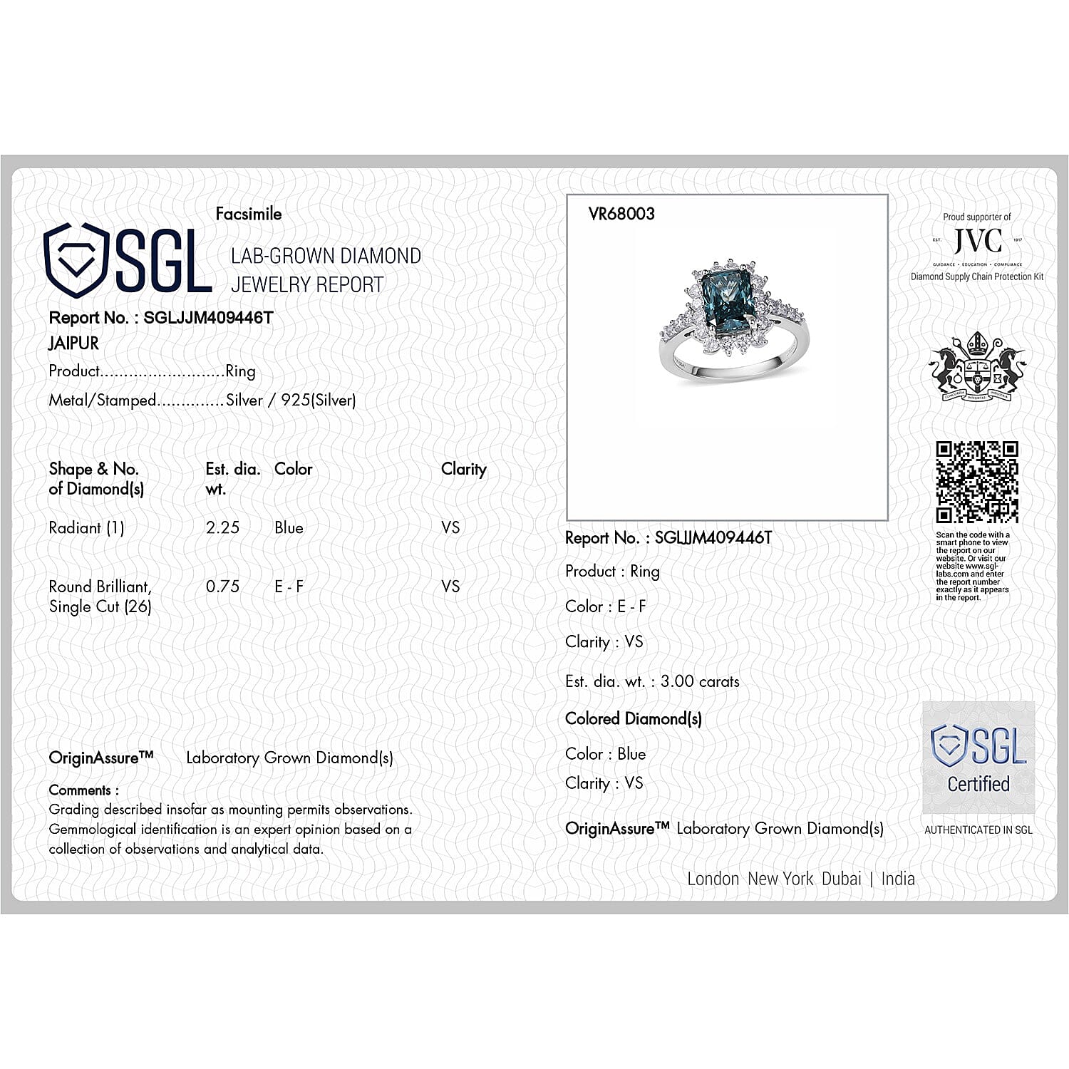 SGL Certified Luxuriant Lab Grown Blue Diamond (IR) and Lab Grown Diamond VS 3.00 ctw Always Together Halo Ring in Rhodium Over Sterling Silver (Size 6.0)