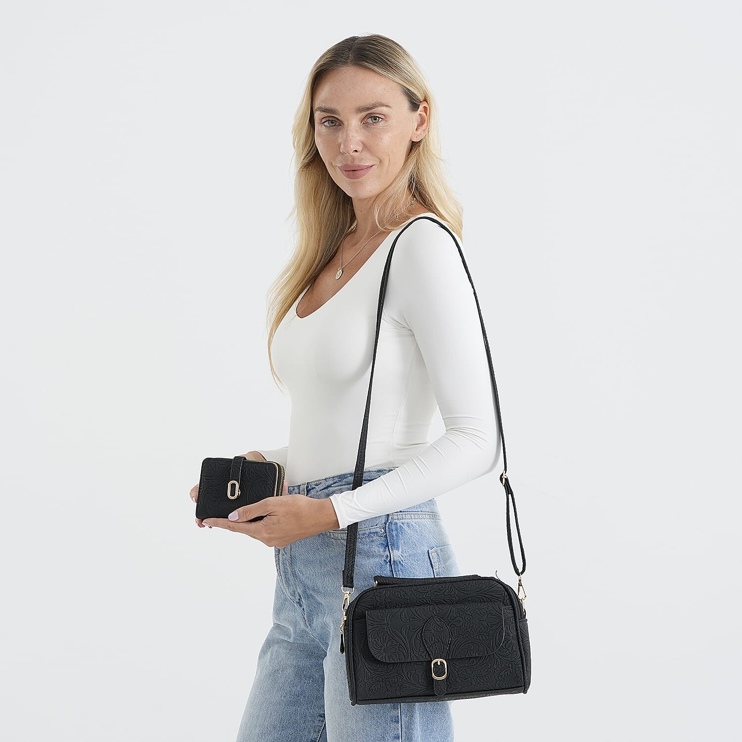 La Marey Black Faux Leather Set of 2 - Crossbody Bag and Wallet