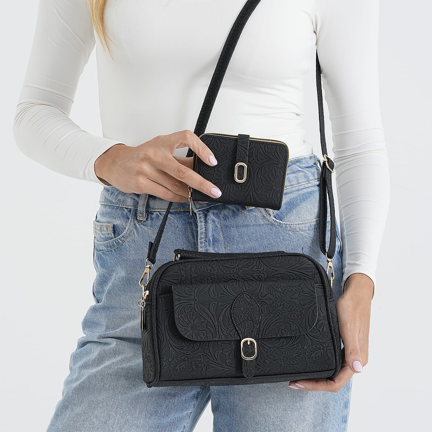 La Marey Black Faux Leather Set of 2 - Crossbody Bag and Wallet