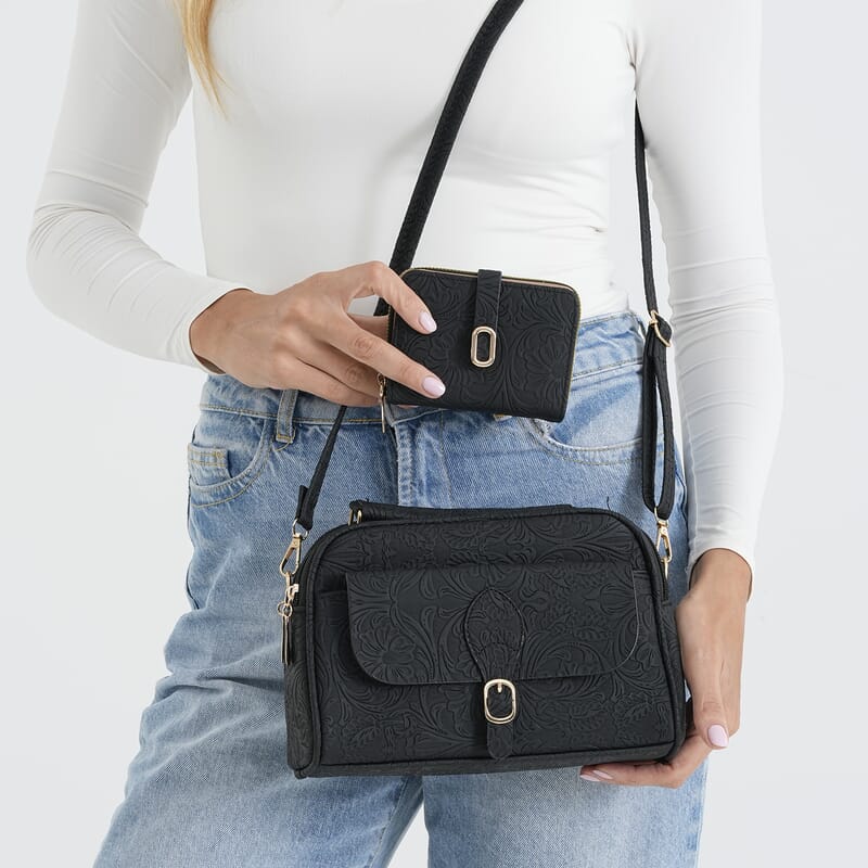 La Marey Black Faux Leather Set of 2 - Crossbody Bag and Wallet