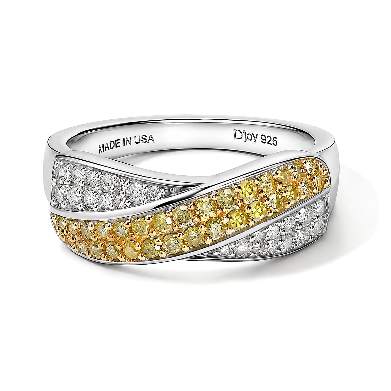 D'Joy Yellow and White Diamond 0.50 ctw Overlap Ring in Rhodium Over Sterling Silver (Size 6.0)