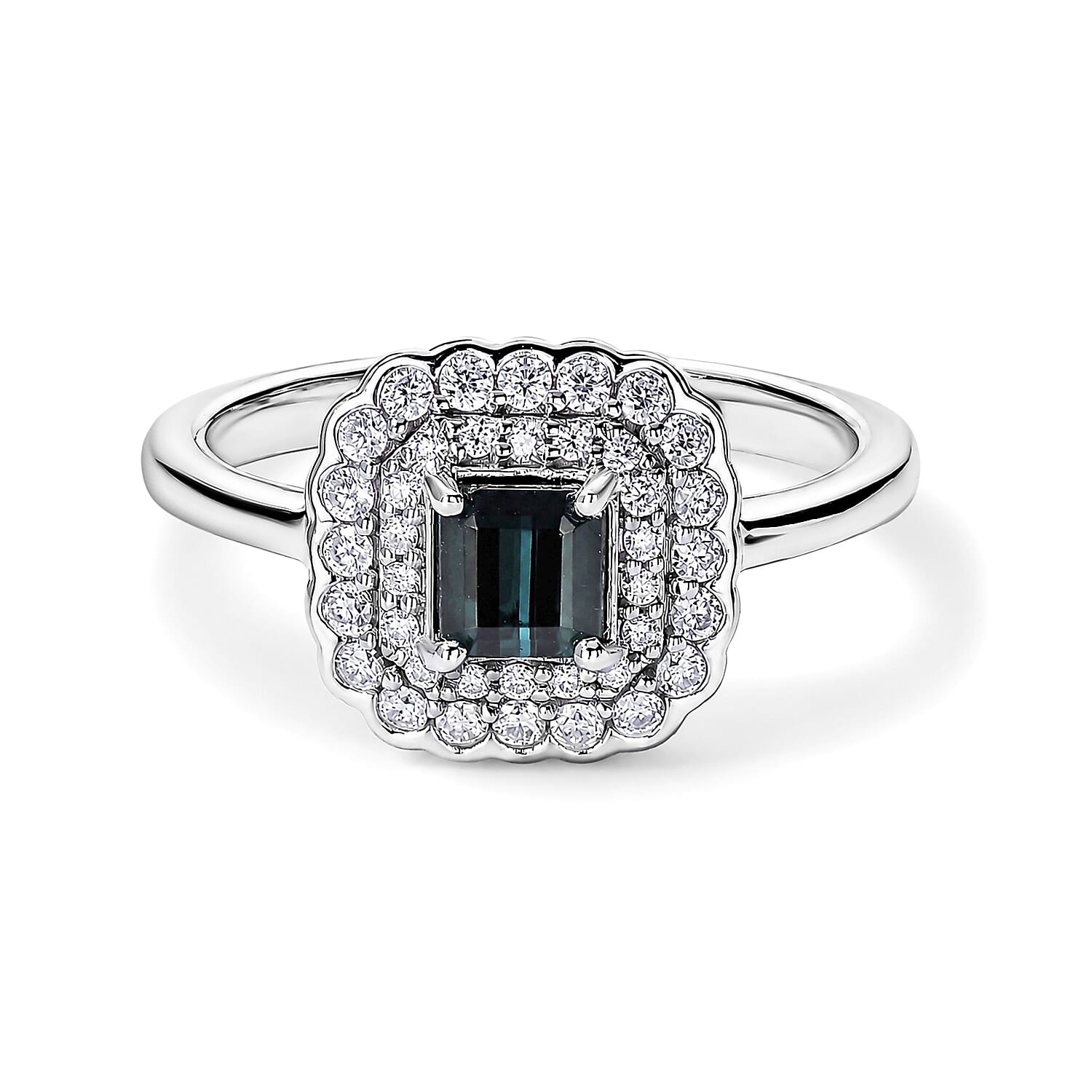 D''Joy AAA Monte Belo Indicolite, Moissanite Ring in Rhodium Over Sterling Silver (Size 6.0) 1.00 ctw
