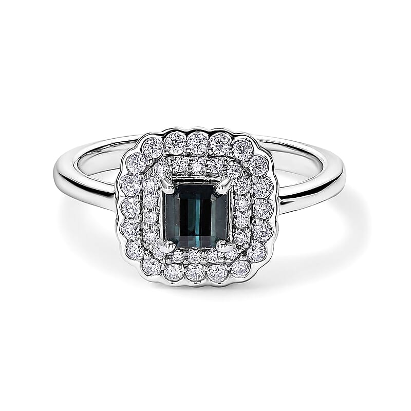 D'Joy AAA Monte Belo Indicolite and Moissanite 1.00 ctw Vintage Bloom Halo Ring in Rhodium Over Sterling Silver (Size 7.0)