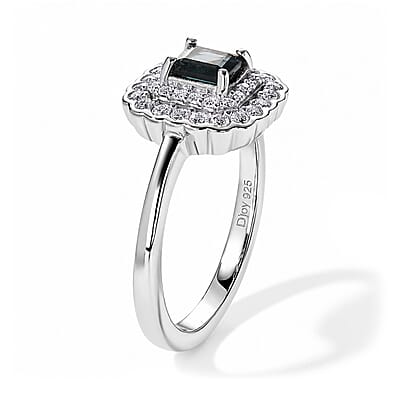 D'Joy AAA Monte Belo Indicolite and Moissanite 1.00 ctw Vintage Bloom Halo Ring in Rhodium Over Sterling Silver (Size 7.0)