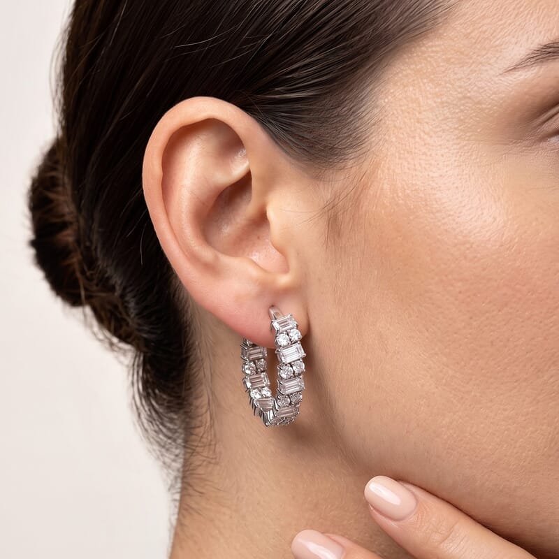D'Joy Moissanite 6.70 ctw Geometric Radiance Hoop Earrings in Rhodium Over Sterling Silver