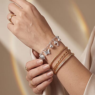 D'Joy Dolphin, Butterfly, Elephant and Ball Charm Bracelet in Sterling Silver (7.00 In) 11.80 Grams