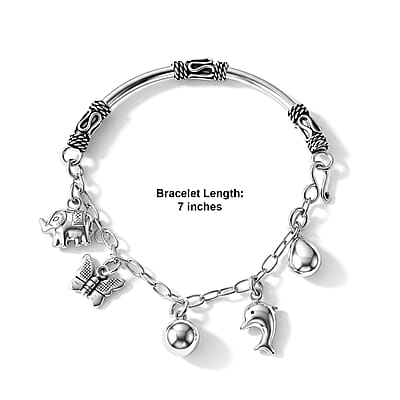 D'Joy Dolphin, Butterfly, Elephant and Ball Charm Bracelet in Sterling Silver (7.00 In) 11.80 Grams