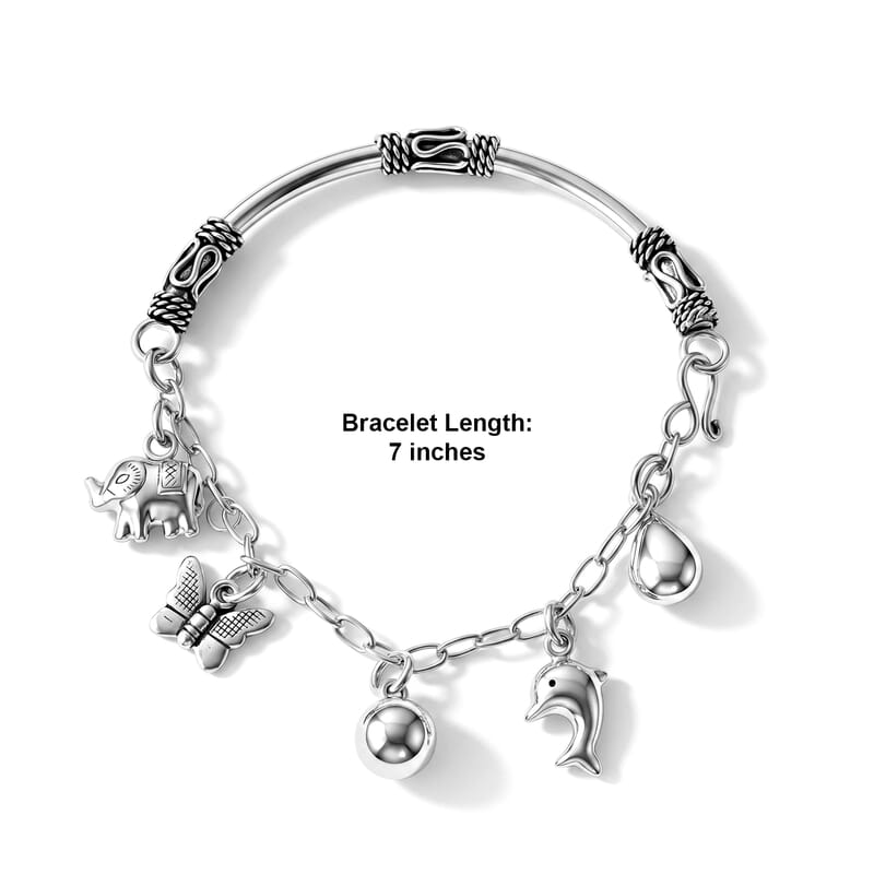 D'Joy Dolphin, Butterfly, Elephant and Ball Charm Bracelet in Sterling Silver (7.00 In) 11.80 Grams