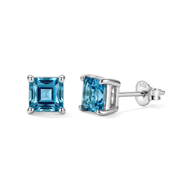 D'Joy Premium Asscher Cut Cambodian Blue Zircon 2.00 ctw Stud Earrings in Rhodium Over Sterling Silver