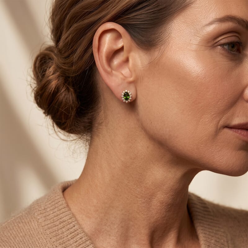 D'Joy Chrome Diopside and Moissanite 2.00 ctw Stud Earrings in 14K Yellow Gold Over Sterling Silver