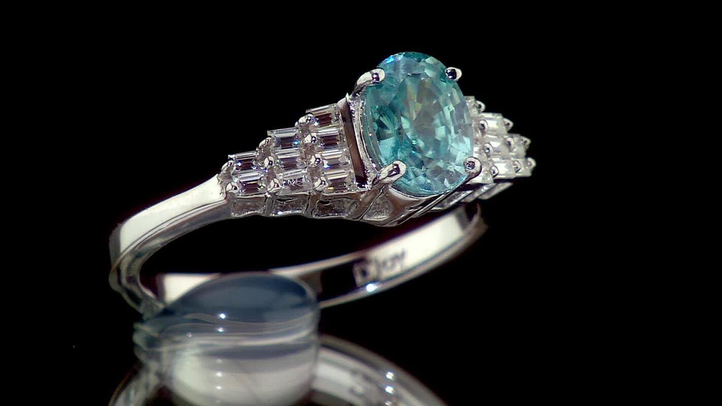 D'Joy Premium Cambodian Blue Zircon, Moissanite Blue Fire Deco Radiance Ring in Rhodium Over Sterling Silver (Size 10.0) 1.60 ctw