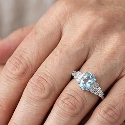 D'Joy Premium Cambodian Blue Zircon and Moissanite 1.60 ctw Blue Fire Deco Radiance Ring in Rhodium Over Sterling Silver (Size 6.0)