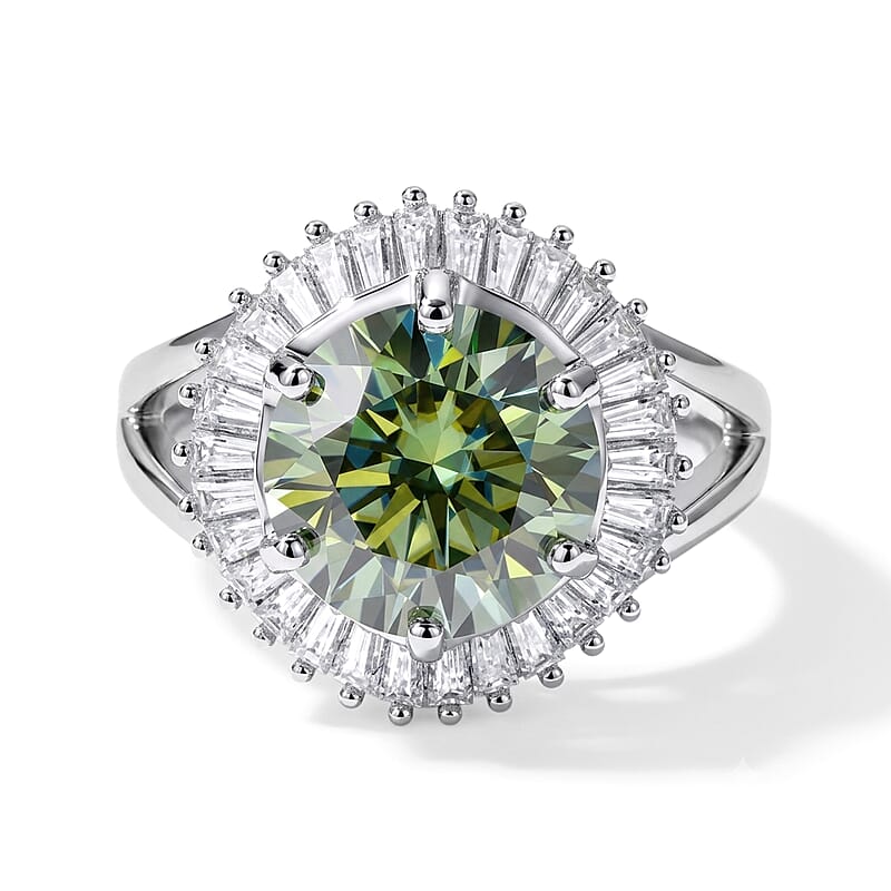 D'Joy Green and White Moissanite 6.75 ctw Ring in Rhodium Over Sterling Silver (Size 6.0)