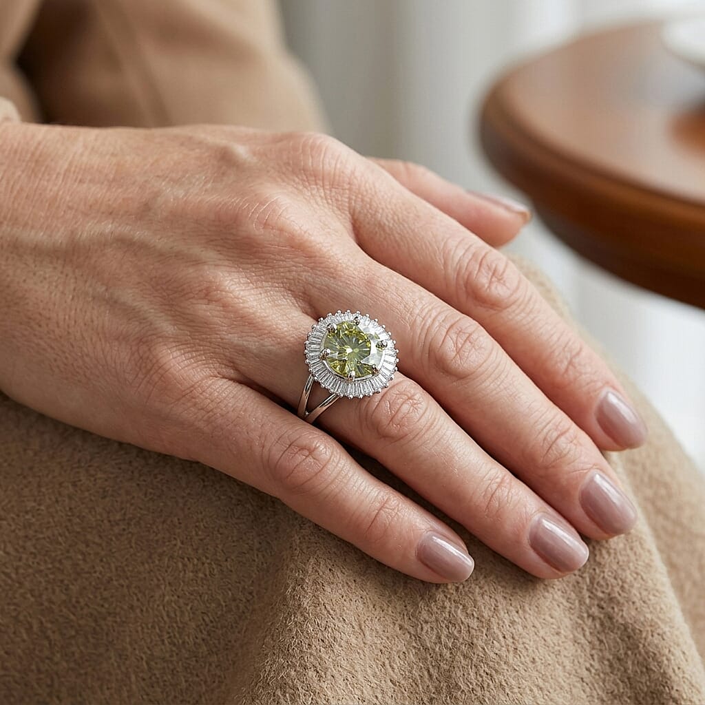 D'Joy Green and White Moissanite 6.75 ctw Ring in Rhodium Over Sterling Silver (Size 6.0)