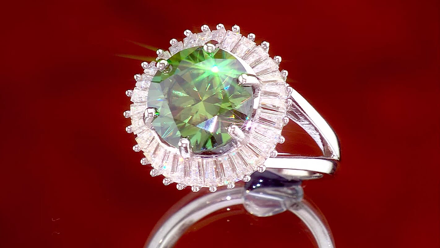 D''Joy Green and White Moissanite 6.75 ctw Ring in Rhodium Over Sterling Silver (Size 9.0)