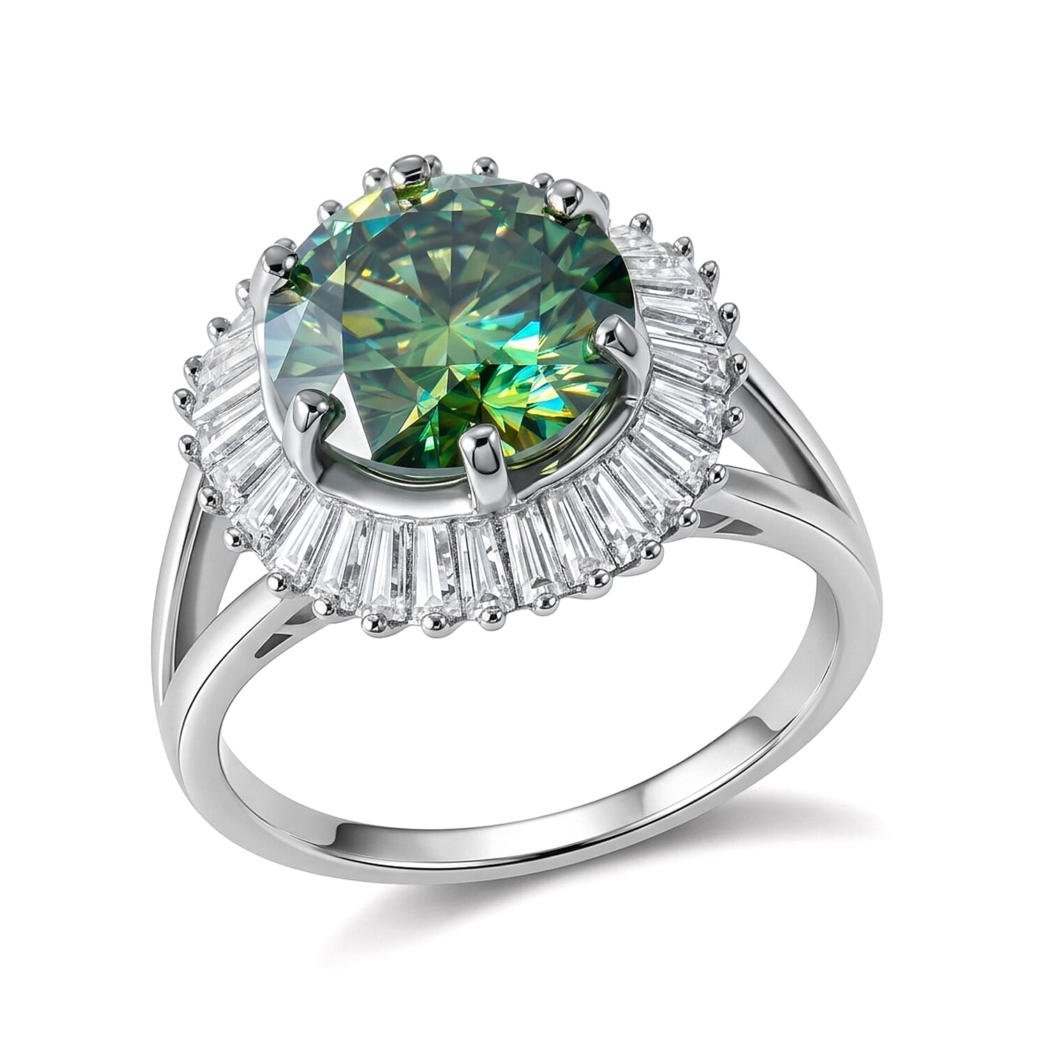 D'Joy Green and White Moissanite 6.75 ctw Ring in Rhodium Over Sterling Silver (Size 6.0)
