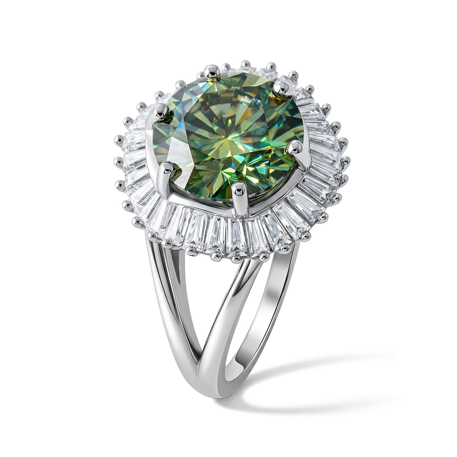 D'Joy Green and White Moissanite 6.75 ctw Ring in Rhodium Over Sterling Silver (Size 6.0)