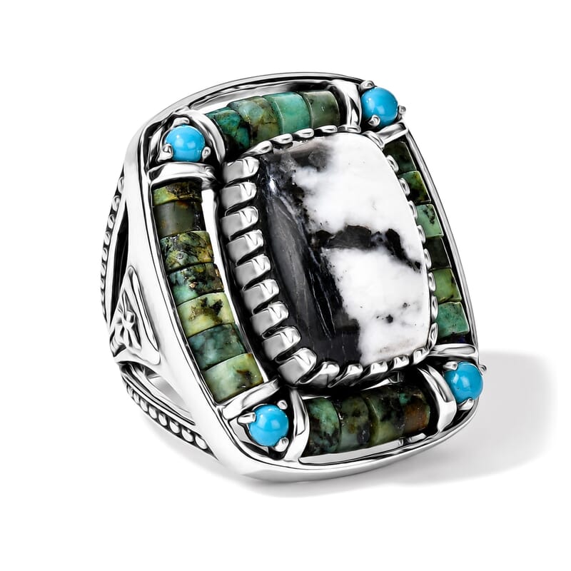 D'Joy Artisan Crafted Premium White Buffalo and Multi Gemstone 24.50 ctw Desert Treasure Ring in Sterling Silver (Size 6.0)