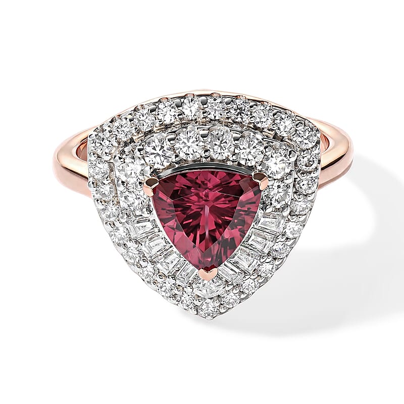D'Joy Premium Usambara Color Change Garnet and Moissanite 2.25 ctw Ring in 18K Vermeil Rose Gold Over Sterling Silver (Size 6.0)