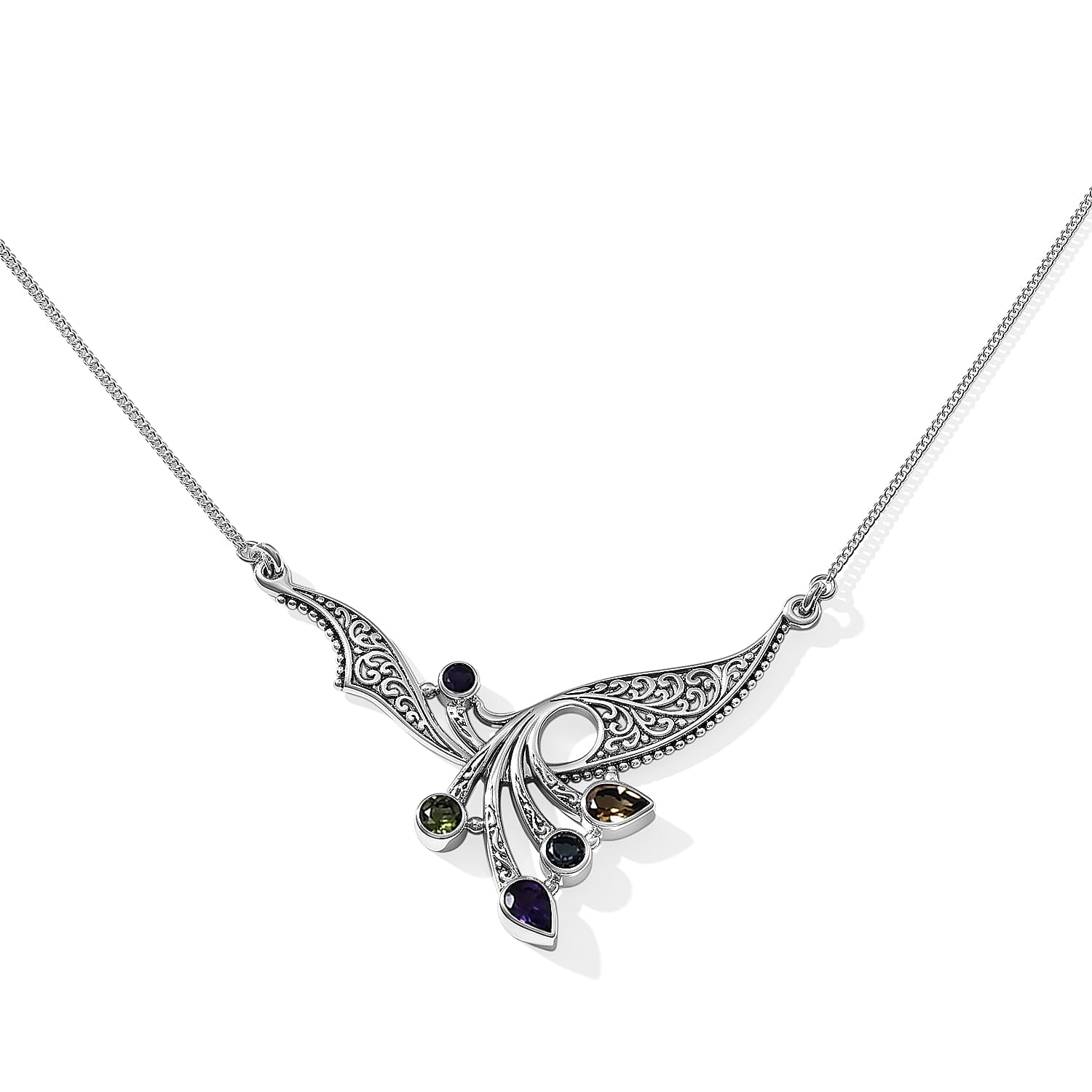 D'Joy Bali Legacy Premium Multi Gemstone 2.75 ctw Balinese Peacock Wing Necklace in Sterling Silver 20 Inches
