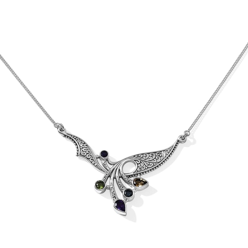 D'Joy Bali Legacy Premium Multi Gemstone 2.75 ctw Balinese Peacock Wing Necklace in Sterling Silver 20 Inches